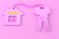 2020. New Year. Pink house keys with pink trinket house isolated on white background. Real estate. 3d rendering. new home concept Royalty Free Stock Photo