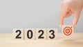 2023 new year. planning and challenge, business strategy, opportunity ,hope, new life change. New year goals 2023 on cubes. Goals Royalty Free Stock Photo