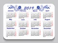 New year 2019 pocket calendar modern design with a blue ethnic Gzhel pattern. Holiday event planner in English language. Week Star