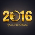 New Year postcard design, gold text with monkey symbol 2016 Royalty Free Stock Photo