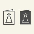 New Year postcard line and solid icon. Greeting card with Christmas tree outline style pictogram on white background