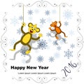 New year Postcard with two monkeys and snowflakes in openwork fr