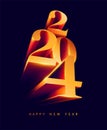 New year 2024 poster. Golden 3D holiday lettering design. Bright volumetric numbers on a dark background