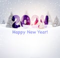 2024 New Year poster with lettering on bright morning light background with blurred Christmas trees and snow drifts Royalty Free Stock Photo