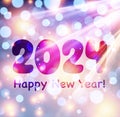 New Year 2024 poster with numbers on bright purple background with blurred round sparkles and sun lights