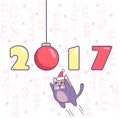 New year poster with numbers, ornament, cat and confetti on background