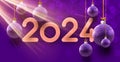 2024 New Year poster with orange lettering on purple background with shiny Christmas balls and small light particles