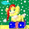 New year poster, postcard, banner with a cartoon cat with a christmas cap sitting on a gift box with striped ribbons