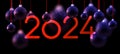 2024 New Year poster with red lettering on black background with purple Christmas balls and small light particles