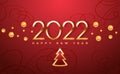 2022 New Year poster template with shining gold balls and Christmas tree on red background. Vector illustration Royalty Free Stock Photo