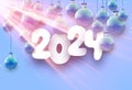 2024 New Year poster with white paper lettering on light blue morning background with Christmas balls and sun rays Royalty Free Stock Photo