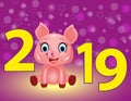 New Year purple background with yellow Digits 2019 and cute pig, zodiac symbol in the Chinese calendar the of the 2019 Year. Royalty Free Stock Photo
