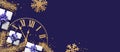 New Year 2024 purple horizontal background with golden countdown clock, fir branches and white gift boxes