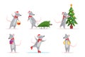 New Year rats color illustrations set. Cute mice skating, decorating fir tree, with gift box icons, sticker collection Royalty Free Stock Photo