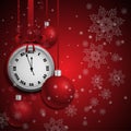 New year red background with christmas balls and vintage clock. Royalty Free Stock Photo