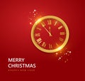 New year red background with christmas vintage clock. Festive design with Christmas decorations, balls, streamer and Royalty Free Stock Photo