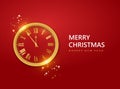 New year red background with christmas vintage clock. Festive design with Christmas decorations, balls, streamer and Royalty Free Stock Photo