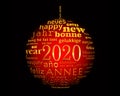 2020 new year , red black and gold multilingual text word cloud greeting card in shape of a christmas ball