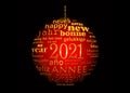 2021 new year , red black and gold multilingual text word cloud greeting card in shape of a christmas ball Royalty Free Stock Photo