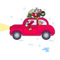 New Year. The red car carries a Christmas tree. The imagec in a line style Royalty Free Stock Photo