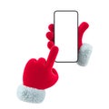 New Year red hand holds the phone mockup and points with a finger. Christmas and New Year Day event concept. 3d rendering