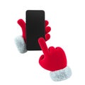 New Year red hand holds the phone and points with a finger. Christmas and New Year Day event concept. 3d rendering