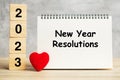 New Year Resolution words and 2023 cubes with red heart shape decoration on table. Goal, plan, health, Love and Happy Valentine Royalty Free Stock Photo