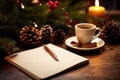 New year resolutions background. Wooden table with blank notebook page, pen, coffee cup and decorated fir tree branch Royalty Free Stock Photo