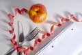 New year resolutions notebook fork and knife an apple. Losing weight concept Royalty Free Stock Photo