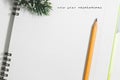 new year resolutions, Notebook and yellow pencil with conifer br Royalty Free Stock Photo