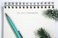 new year resolutions, Notebook and green pen with conifer branch Royalty Free Stock Photo