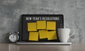 New Year resolutions, notes, goals, post, memo or action plan concept. Sticky notes for input text on laptop in workplace office Royalty Free Stock Photo