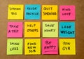 New Year resolutions or popular Goals and colorful sticky post its memo notes on cork board Royalty Free Stock Photo