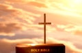 New year, rising sun, sunrise and sunset background, cross of Jesus Christ, holy Bible, faith in god, conviction, mercy