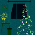 A New Year room interior. Night, fir. Christmas tree, holly, decoration and champagne. Vector