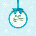 New Year round banner with blue ribbon and bow. Circle card with fir branches. Christmas background with snowflakes.