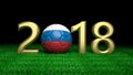 New year 2018 with Russia flag soccer football ball on grass, black background. 3d illustration Royalty Free Stock Photo