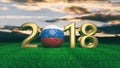 New year 2018 with Russia flag soccer football ball on grass, blue sky background. 3d illustration Royalty Free Stock Photo