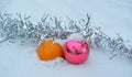 New Year`s background with Christmas toy and tangerine