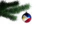 New Year`s ball with the flag of Philippines on a Christmas tree branch isolated on white background. Christmas and New Year Royalty Free Stock Photo