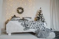 New Year`s bedroom design with lights