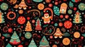 New Year\'s black background with gingerbread in the shape of a man, Christmas trees and various leaves. Royalty Free Stock Photo