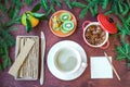 New Year`s breakfast, coffee, bread, jam. Festive table setting.