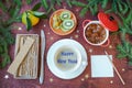 New Year`s breakfast, coffee, bread, jam. Festive table setting. Royalty Free Stock Photo