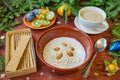 New Year`s breakfast, coffee, bread, jam. Festive table setting. Royalty Free Stock Photo