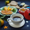 New Year`s breakfast, coffee, bread, jam. Festive table setting. Royalty Free Stock Photo