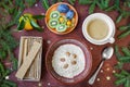 New Year`s breakfast, coffee, bread, jam. Festive table setting. Royalty Free Stock Photo