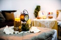 New Year`s candle on a festive table Royalty Free Stock Photo