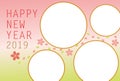 New year`s card 2019.Cute Cherry Blossoms photo frame.