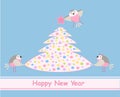 New Years card. Birds and a colourful Xmas tree